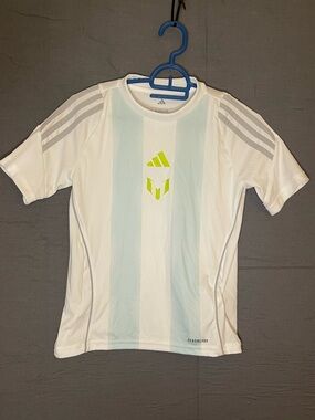 adidas White & Light Blue Striped Kids Soccer Shirt with Neon Yellow Logo